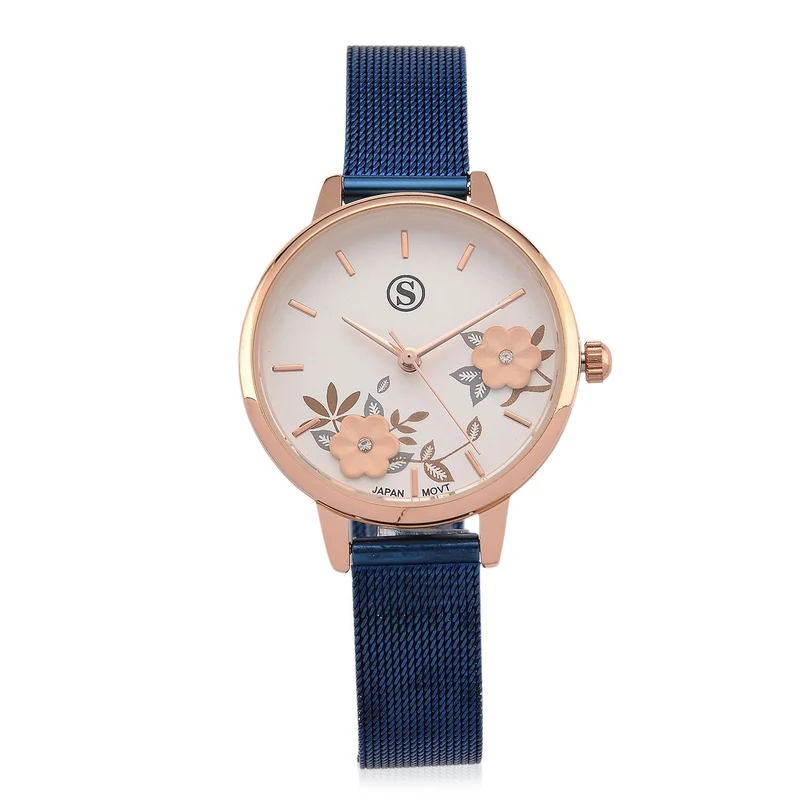 STRADA Uhr mit Japanischem PC21S Werk, Edelstahl-Mesharmband Goldfarben, florales Zifferblatt Gelb mit Weißem Kristall
