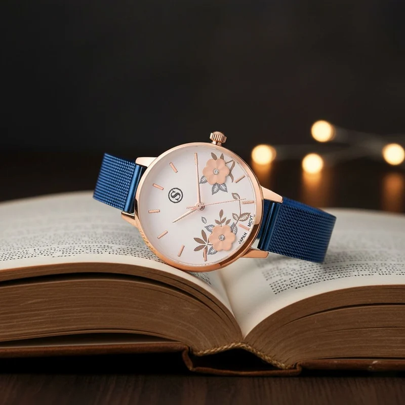 STRADA Uhr mit Japanischem PC21S Werk, Edelstahl-Mesharmband Goldfarben, florales Zifferblatt Gelb mit Weißem Kristall