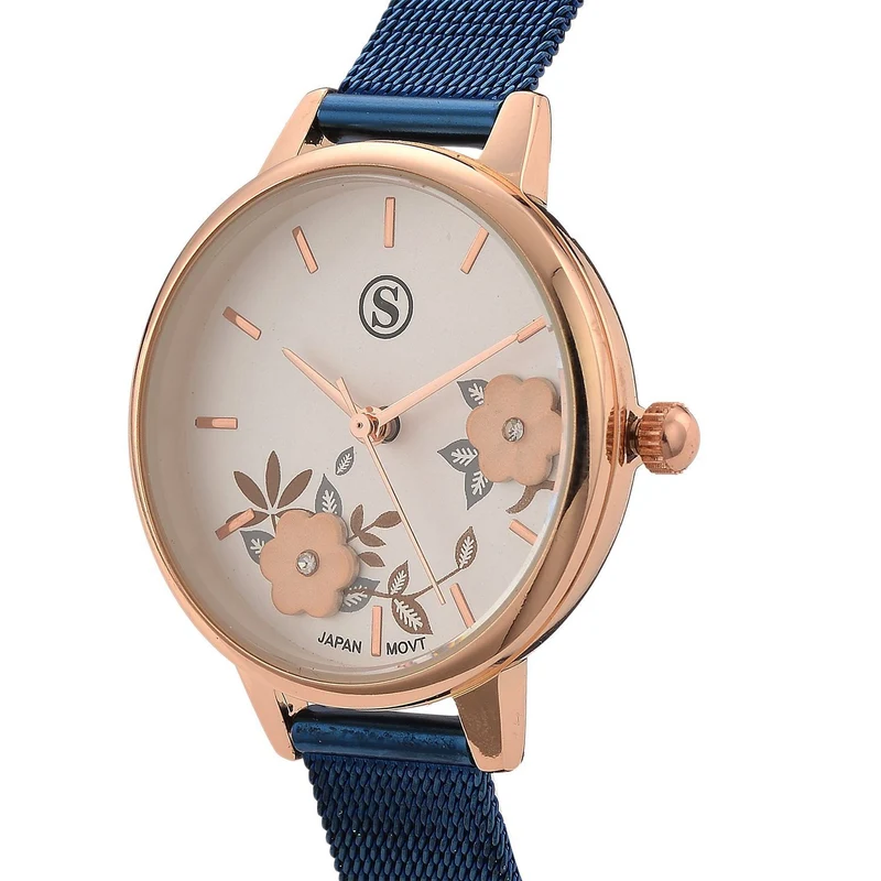 STRADA Uhr mit Japanischem PC21S Werk, Edelstahl-Mesharmband Goldfarben, florales Zifferblatt Gelb mit Weißem Kristall