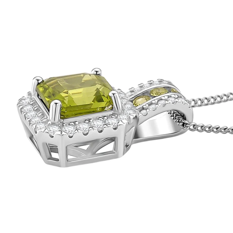 D'joy EXKLUSIVER ASSCHER SCHLIFF Natürlicher Peridot, Moissanit Anhänger mit Kette ca. 45 cm, 925 Silber rhodiniert ca. 2.18 ct
