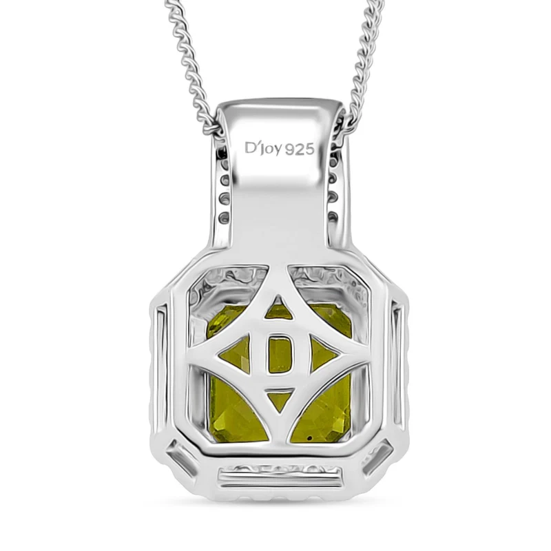 D'joy EXKLUSIVER ASSCHER SCHLIFF Natürlicher Peridot, Moissanit Anhänger mit Kette ca. 45 cm, 925 Silber rhodiniert ca. 2.18 ct