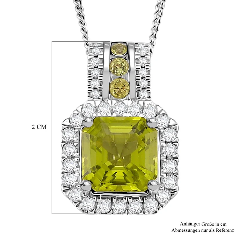 D'joy EXKLUSIVER ASSCHER SCHLIFF Natürlicher Peridot, Moissanit Anhänger mit Kette ca. 45 cm, 925 Silber rhodiniert ca. 2.18 ct