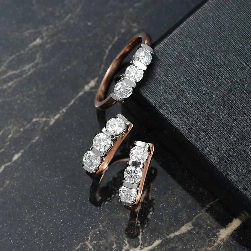 2er Set - Moissanit Ring und Ohrringe, 925 Silber, bicolor, (Größe 21.00) ca. 2,03 ct.