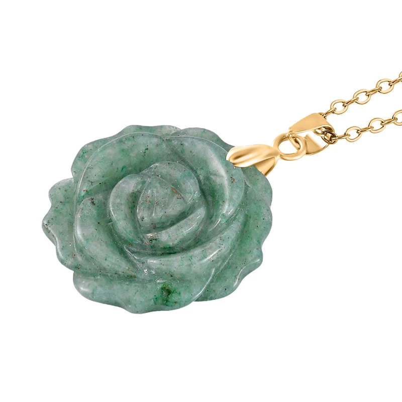 2er Set - Handgeschnitzter Grüner Aventurin Anhänger mit Kette und Ring (Größe 16.00), goldfarben, ca. 30.00 ct