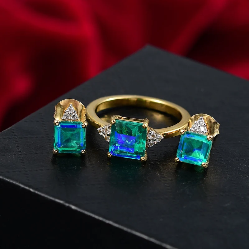 2er Set - D joy Pfau Quarz Triplette, Weißer Zirkon Ohrringe und Ring, Größe (20.00), 925 Silber Vergoldet, ca. 6.14 ct