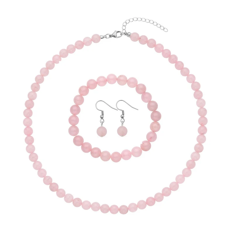 3er Set - Rosenquarz Halskette, Armband und Ohrringe, 316L Edelstahl ca. 323.50 ct