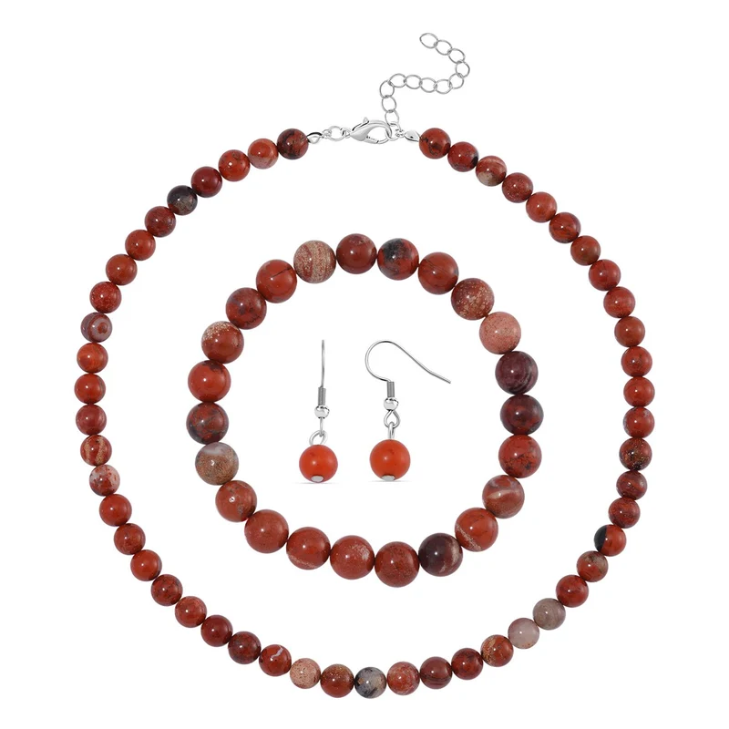 3er Set - Rosenquarz Halskette, Armband und Ohrringe, 316L Edelstahl ca. 323.50 ct