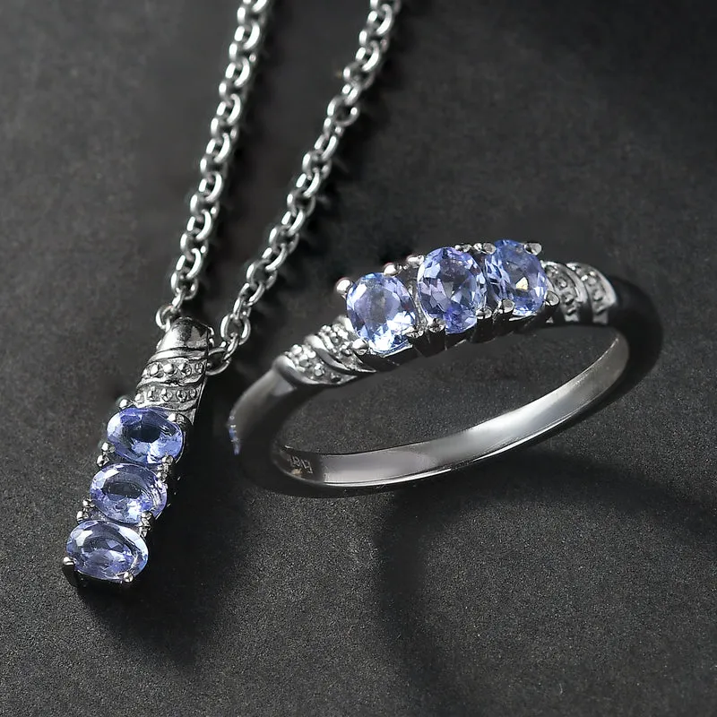 EVER TRUE - 2er Set Tansanit Anhänger mit Kette und Ring, ca. 50 cm (Größe 21.00) ca. 1.06 ct