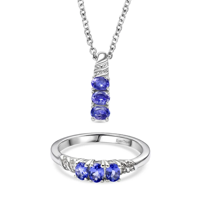 EVER TRUE - 2er Set Tansanit Anhänger mit Kette und Ring, ca. 50 cm (Größe 21.00) ca. 1.06 ct