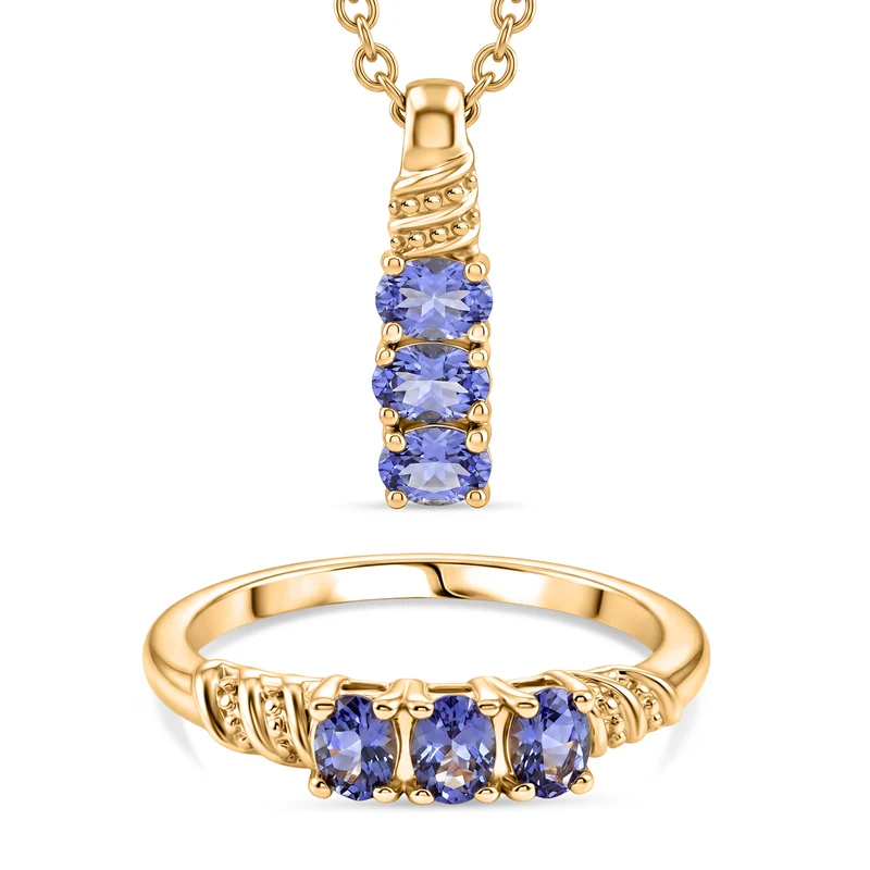 EVER TRUE - 2er Set Tansanit Anhänger mit Kette und Ring, ca. 50 cm (Größe 21.00) ca. 1.06 ct