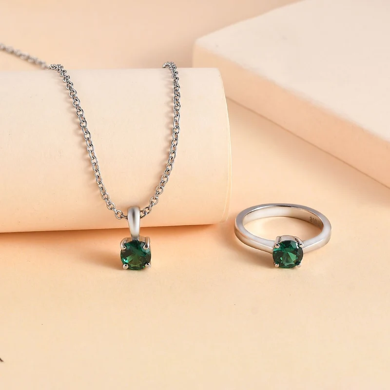 2er Set - Chromdiopsid Zirkonia Anhänger mit Kette und Ring, Größe (20.00), Edelstahl