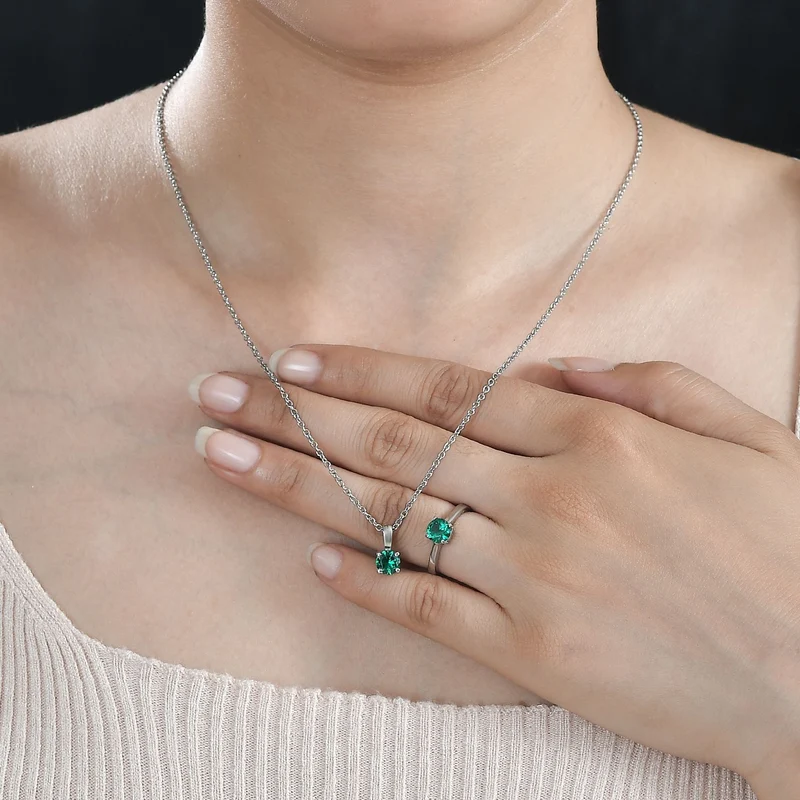 2er Set - Chromdiopsid Zirkonia Anhänger mit Kette und Ring, Größe (20.00), Edelstahl