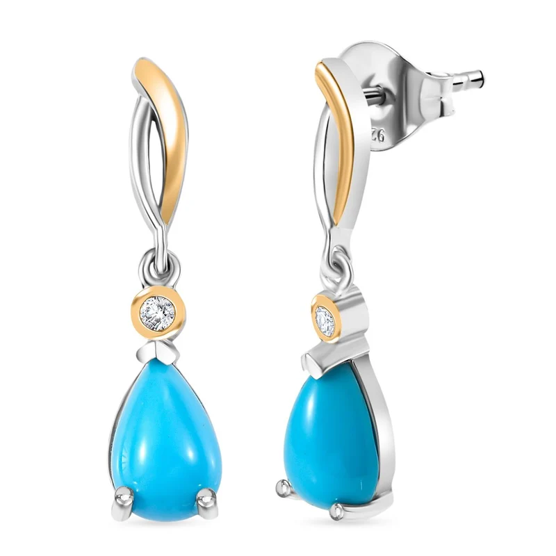 D'Joy AA Sleeping Beauty Türkis, Weißer Zirkon Ohrringe 925 Silber platiniert und vergoldet ca. 1.53 ct