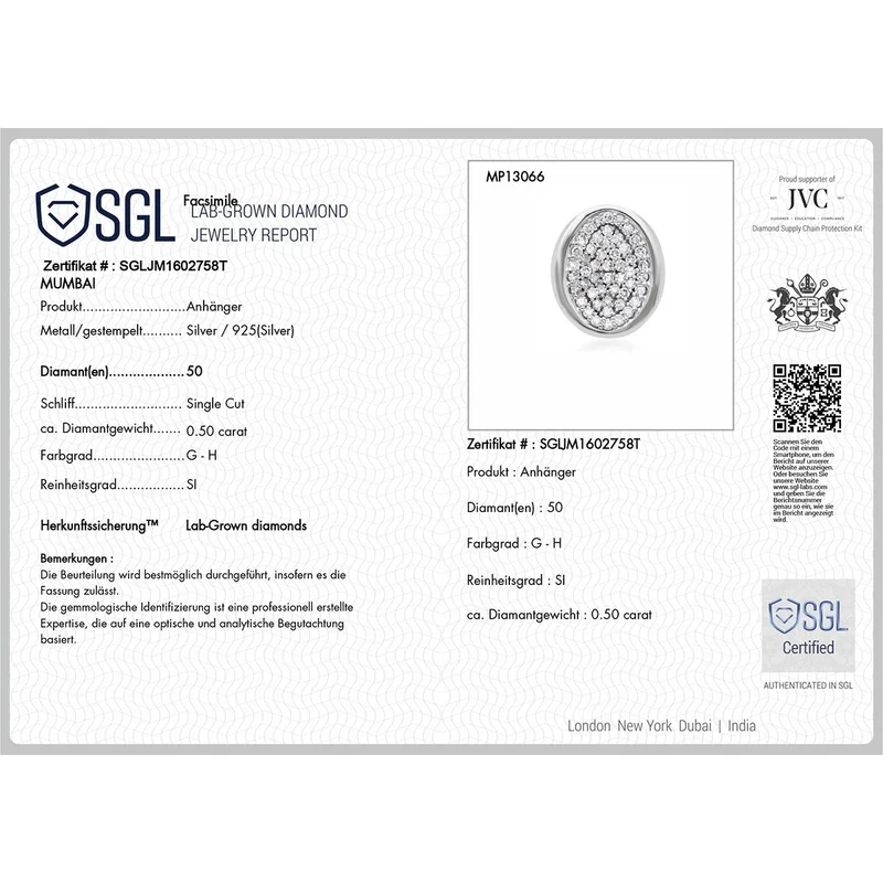 LUXURIANT DIAMOND - Lab Grown Diamant SI-GH SGL zertifiziert Anhänger mit Kette ca. 50 cm, 925 Silber rhodiniert ca. 0.50 ct