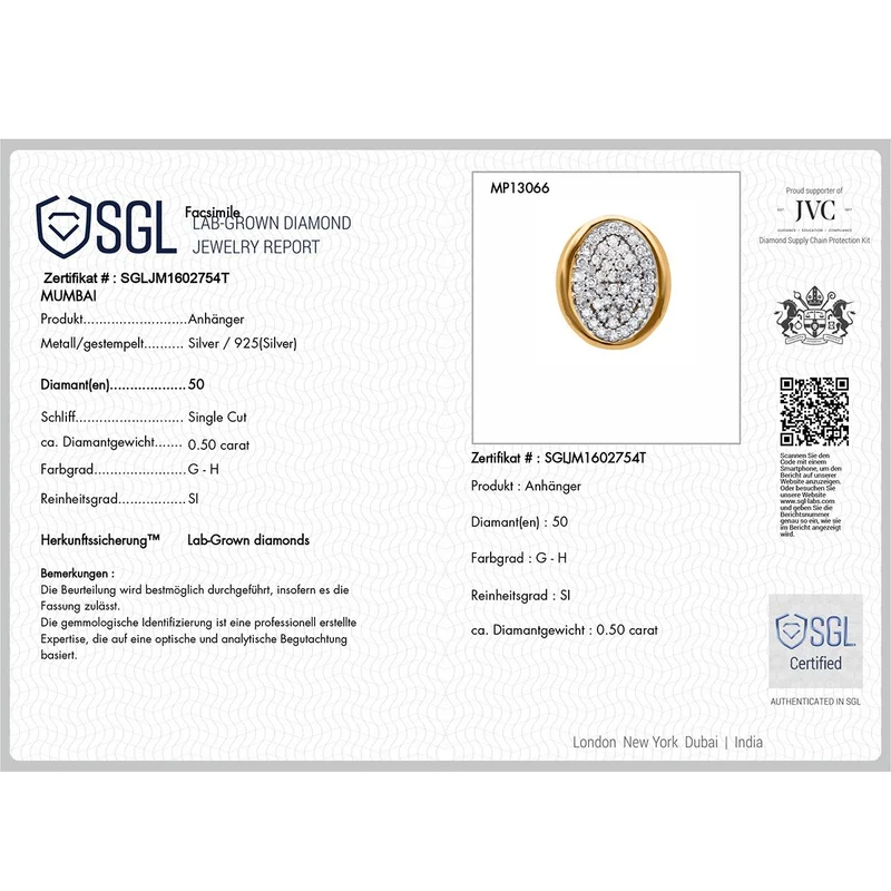 LUXURIANT DIAMOND - Lab Grown Diamant SI-GH SGL zertifiziert Anhänger mit Kette ca. 50 cm, 925 Silber rhodiniert ca. 0.50 ct