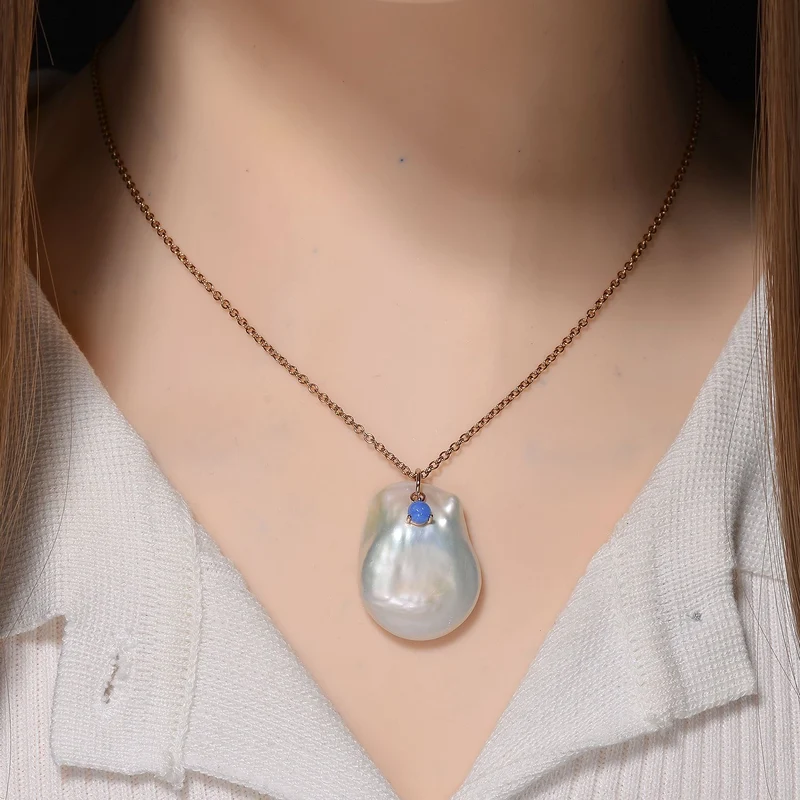 Weiße Keshi Perle, Blauer Opal Schmuckset Messing und Edelstahl IP Rosa Plattierung