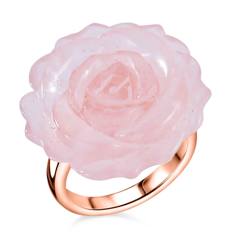 2er Set - Handgeschnitzter Rosenquarz Anhänger mit Kette und Ring (Größe 17.00), roséfarben, ca. 30.00 ct