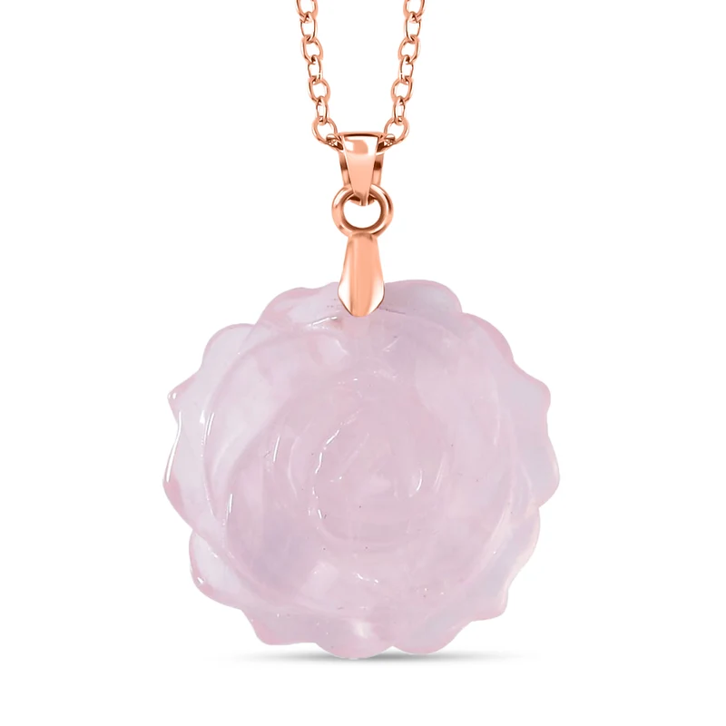 2er Set - Handgeschnitzter Rosenquarz Anhänger mit Kette und Ring (Größe 17.00), roséfarben, ca. 30.00 ct