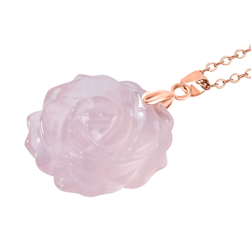 2er Set - Handgeschnitzter Rosenquarz Anhänger mit Kette und Ring (Größe 17.00), roséfarben, ca. 30.00 ct