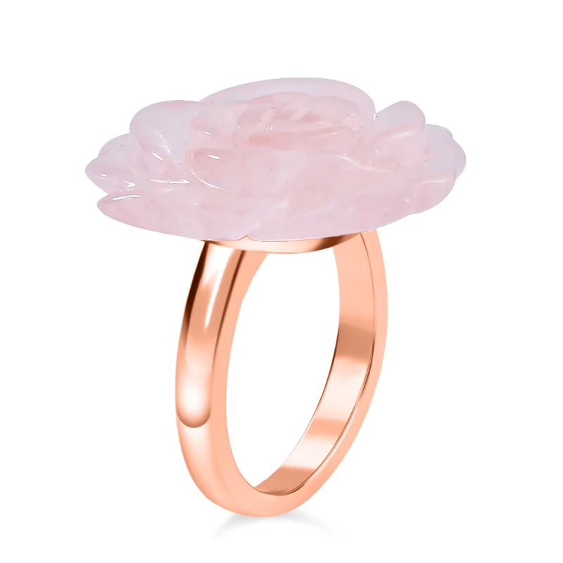2er Set - Handgeschnitzter Rosenquarz Anhänger mit Kette und Ring (Größe 17.00), roséfarben, ca. 30.00 ct
