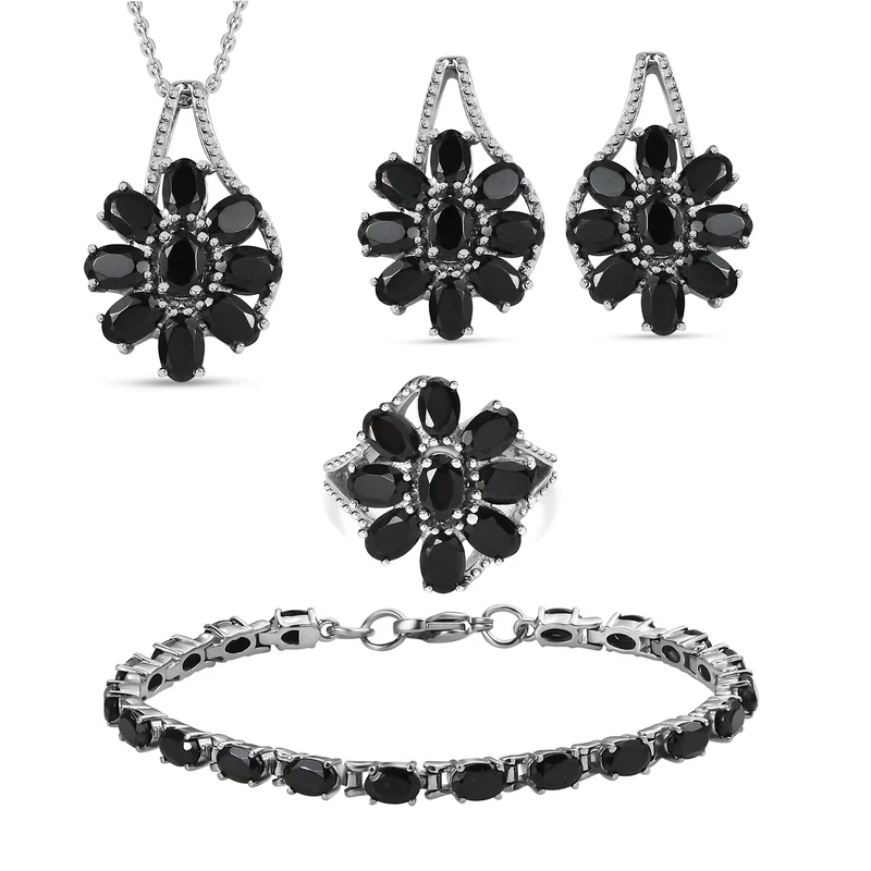 Schwarzer Spinell Schmuckset Edelstahl ca. 34.73 ct