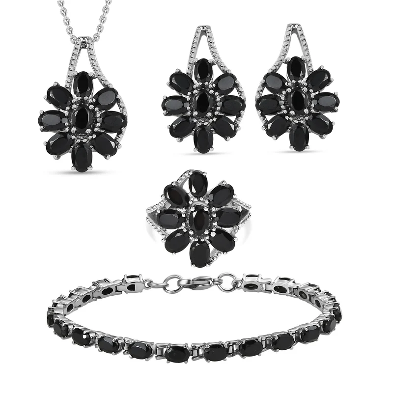 Schwarzer Spinell Schmuckset Edelstahl ca. 34.73 ct