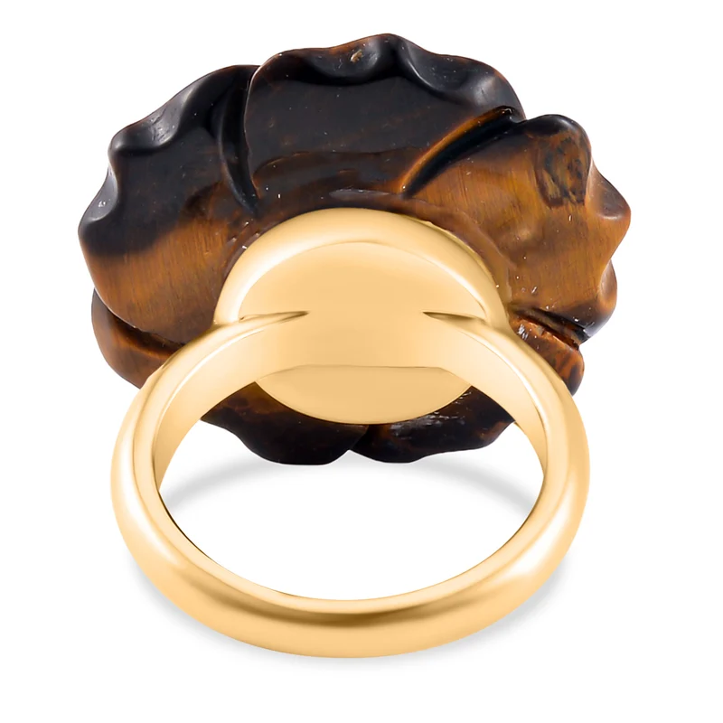2er Set - Handgeschnitzter Gelbes Tigerauge Anhänger mit Kette und Ring (Größe 16.00), goldfarben, ca. 30.00 ct