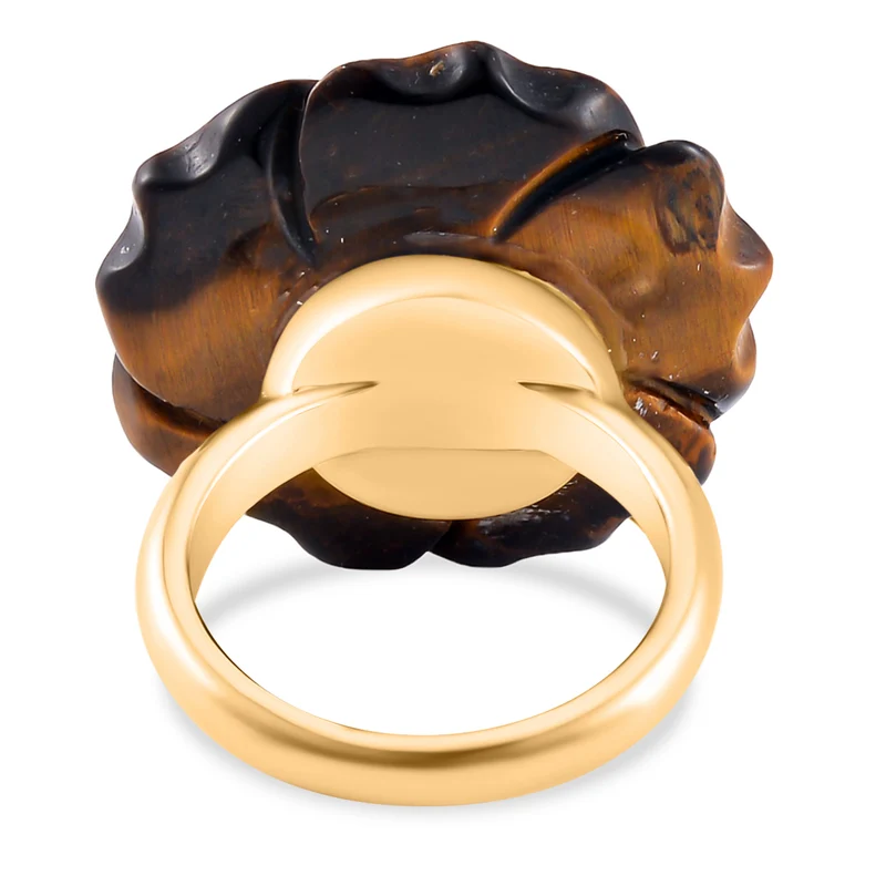 2er Set - Handgeschnitzter Gelbes Tigerauge Anhänger mit Kette und Ring (Größe 16.00), goldfarben, ca. 30.00 ct