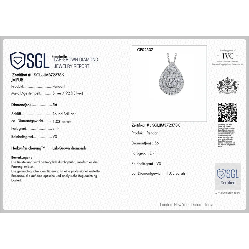 LUXURIANT DIAMOND - Lab Grown Diamant VS-EF SGL zertifiziert Schmuckset 925 Silber rhodiniert ca. 1,00 ct.