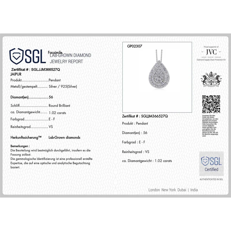 LUXURIANT DIAMOND - Lab Grown Diamant VS-EF SGL zertifiziert Schmuckset 925 Silber rhodiniert ca. 1,00 ct.