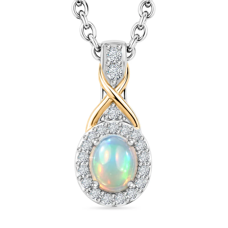 D'Joy AA Natürlicher, äthiopischer Welo Opal, Weißer Zirkon Schmuckset ca. 50 cm 925 Silber Platiniert und vergoldet und Edelstahl Platiniert ca. 0,39 ct.