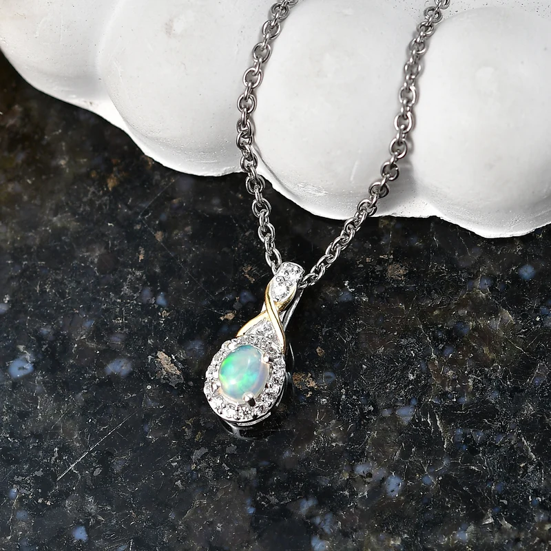 D'Joy AA Natürlicher, äthiopischer Welo Opal, Weißer Zirkon Schmuckset ca. 50 cm 925 Silber Platiniert und vergoldet und Edelstahl Platiniert ca. 0,39 ct.