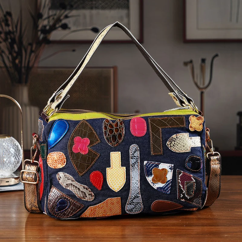 Chaos by Elsie Echtleder Schultertasche mit RFID, künstlerisches Leder Patchwork, 35 x 12 x 22 cm, Blau