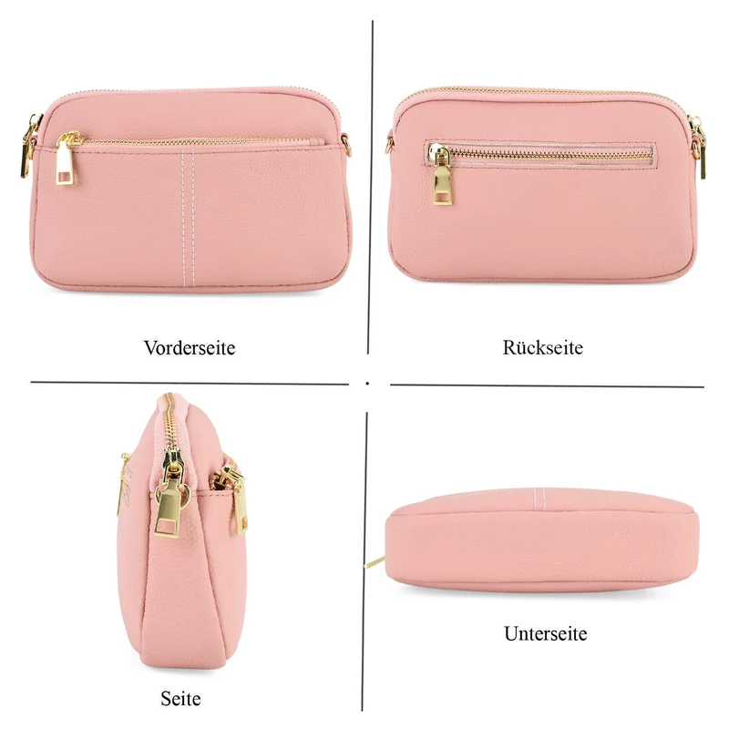 Echtes Leder Umhängetasche mit Reißverschluss 21 x 5 x 14 cm Rosa