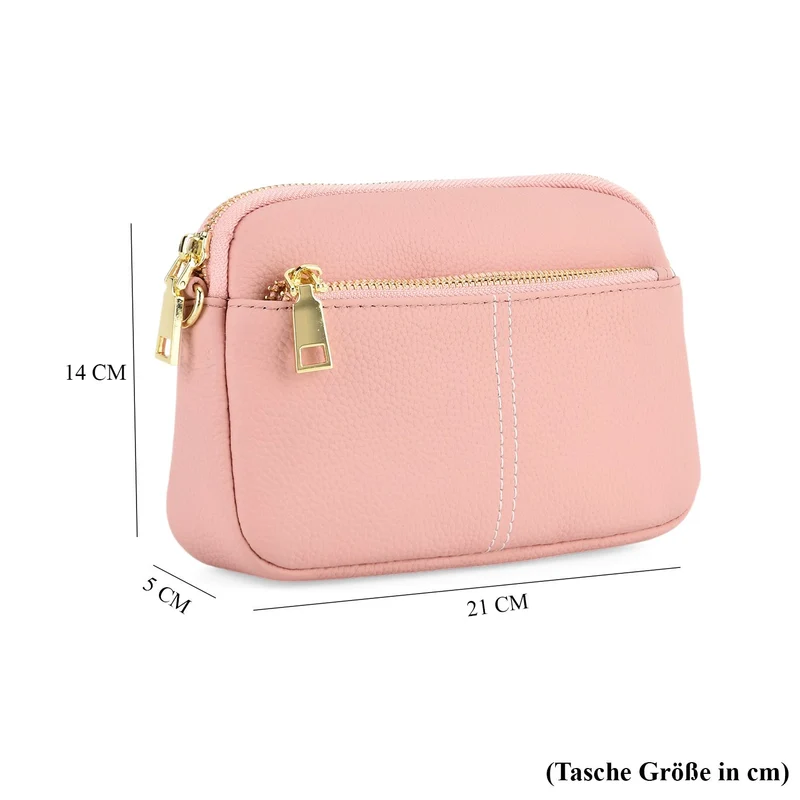 Echtes Leder Umhängetasche mit Reißverschluss 21 x 5 x 14 cm Rosa
