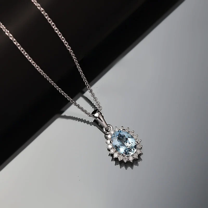 AAA Santamaria Aquamarin, Weißer Diamant AGI zertifiziert Schmuckset (10-15 Werktage Lieferzeit) ca. 50 cm 585 Gold ca. 1.42 ct