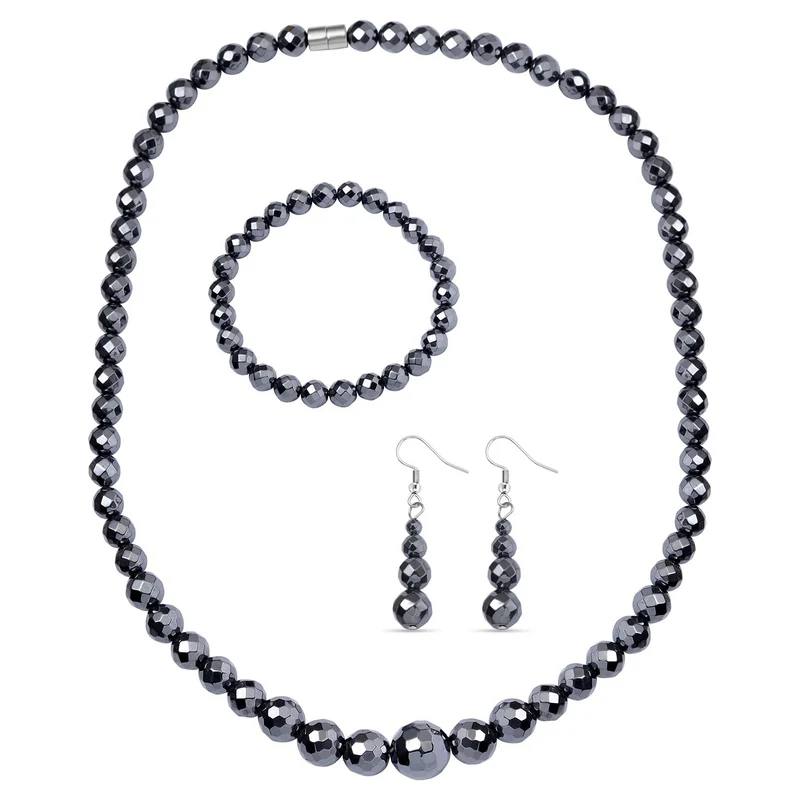3er Set Hämatit - dehnbare Halskette, Armband, und Ohrringe Schmuckset, 316L Edelstahl, ca. 711.00 ct