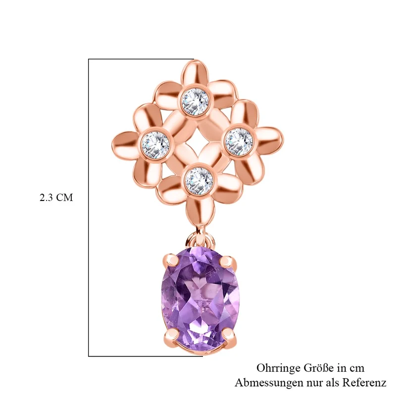 D'Joy AAA Rose De France Amethyst, Weißer Zirkon Ohrringe 925 Silber 750 rosévergoldet ca. 2.89 ct