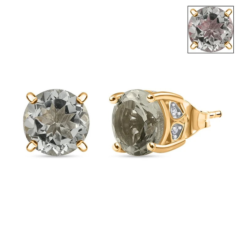 AA Prasiolite, Weißer Zirkon Ohrringe 925 Silber 750 Gelb Vergoldet ca. 5.49 ct