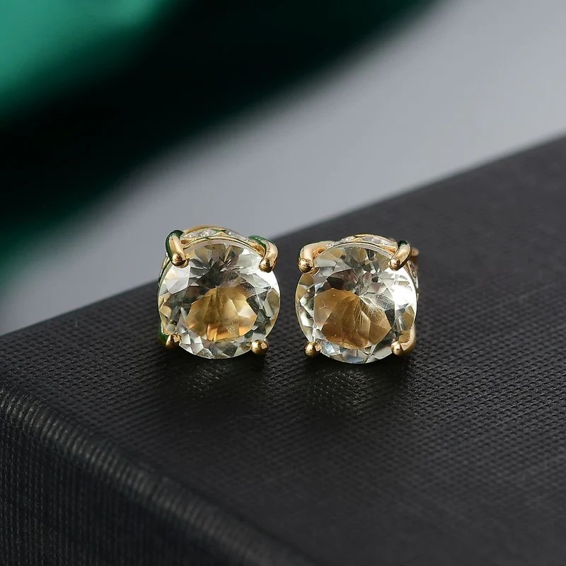 AA Prasiolite, Weißer Zirkon Ohrringe 925 Silber 750 Gelb Vergoldet ca. 5.49 ct