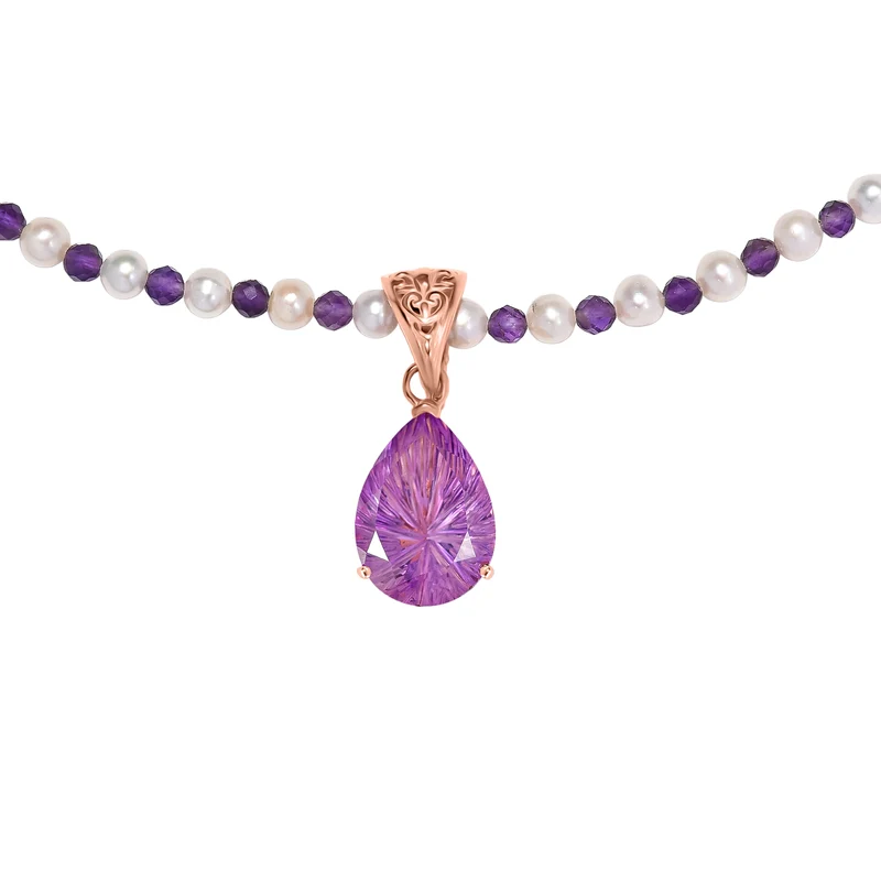 D'Joy AA Rose De France Amethyst, Perle Schmuckset ca. 50 cm 925 Silber 750 Roségold Vermeil 30.36 ct