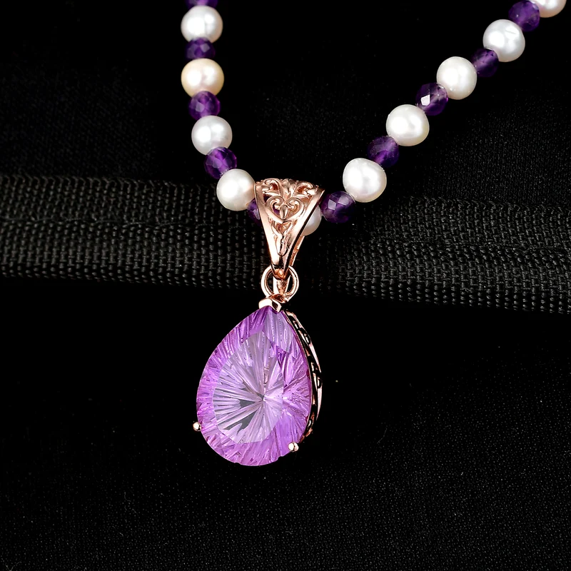 D'Joy AA Rose De France Amethyst, Perle Schmuckset ca. 50 cm 925 Silber 750 Roségold Vermeil 30.36 ct