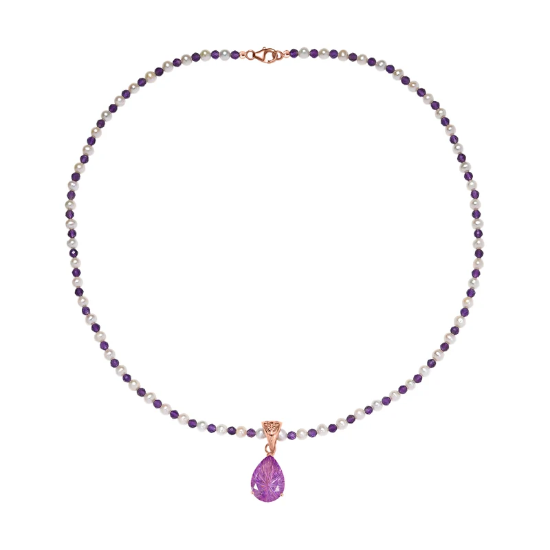 D'Joy AA Rose De France Amethyst, Perle Schmuckset ca. 50 cm 925 Silber 750 Roségold Vermeil 30.36 ct