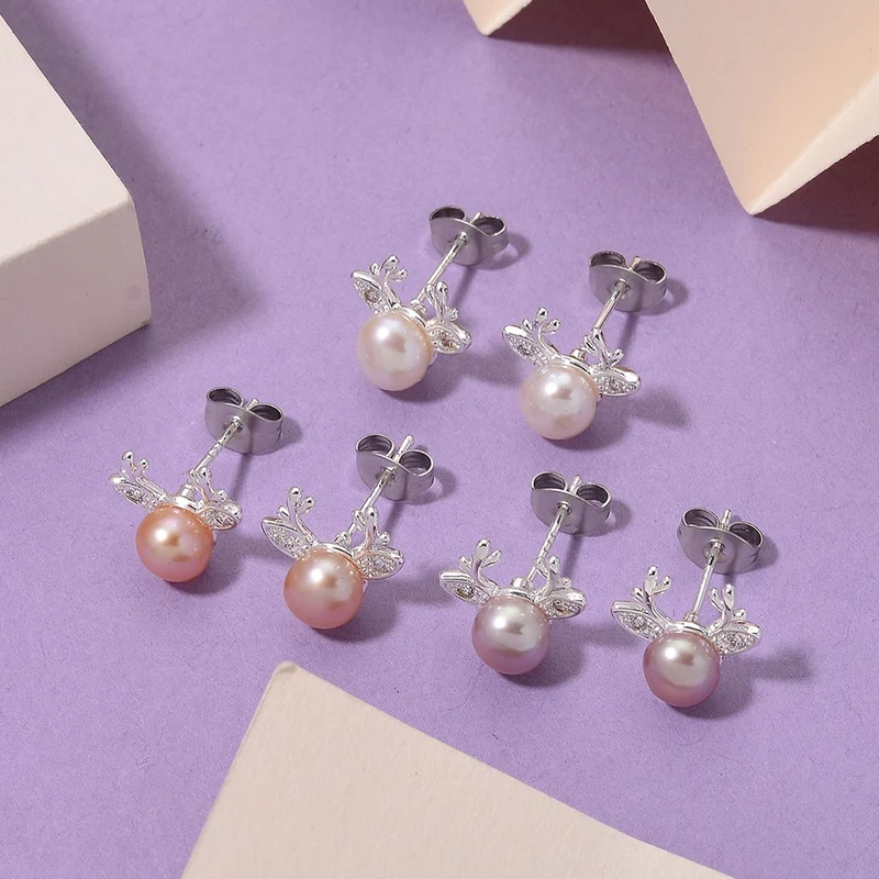 Pfirsich-Süßwasser Perle (5-7 mm), Lila Süßwasser Perle (5-7 mm), Weiße Süßwasser Perle (5-7 mm) Schmuckset, Nickelfreies Messing