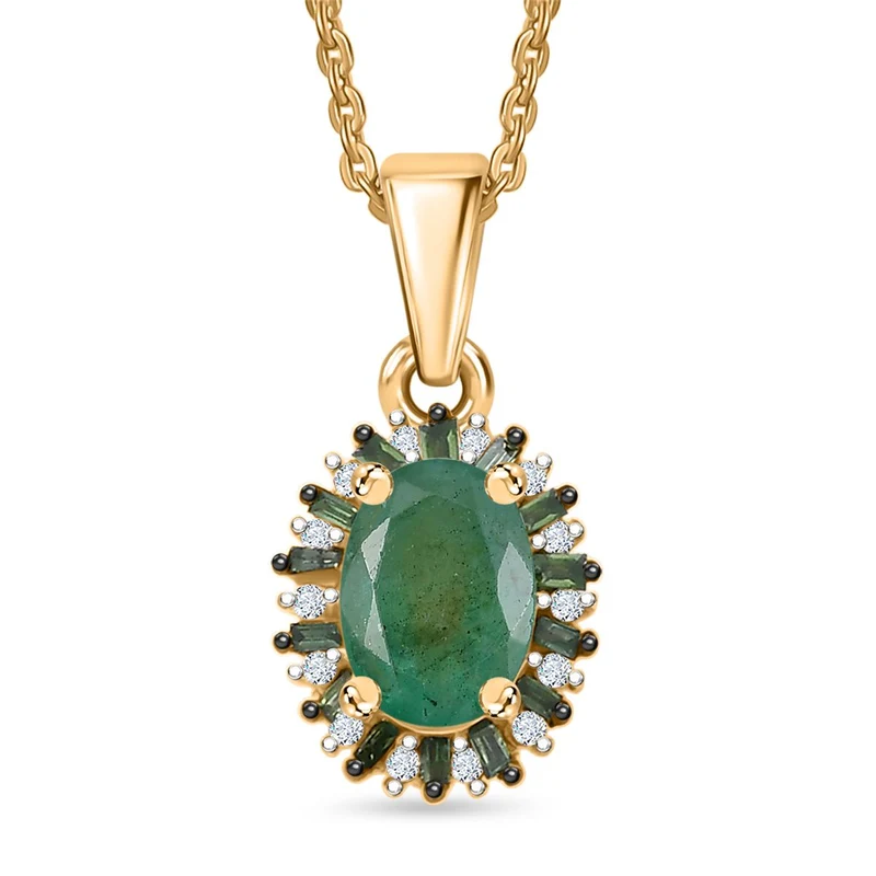 D'Joy Kagem Sambischer Smaragd, Weißer Zirkon Schmuckset ca. 50 cm 925 Silber 750 Gelbgold Vermeil ca. 0.91 ct