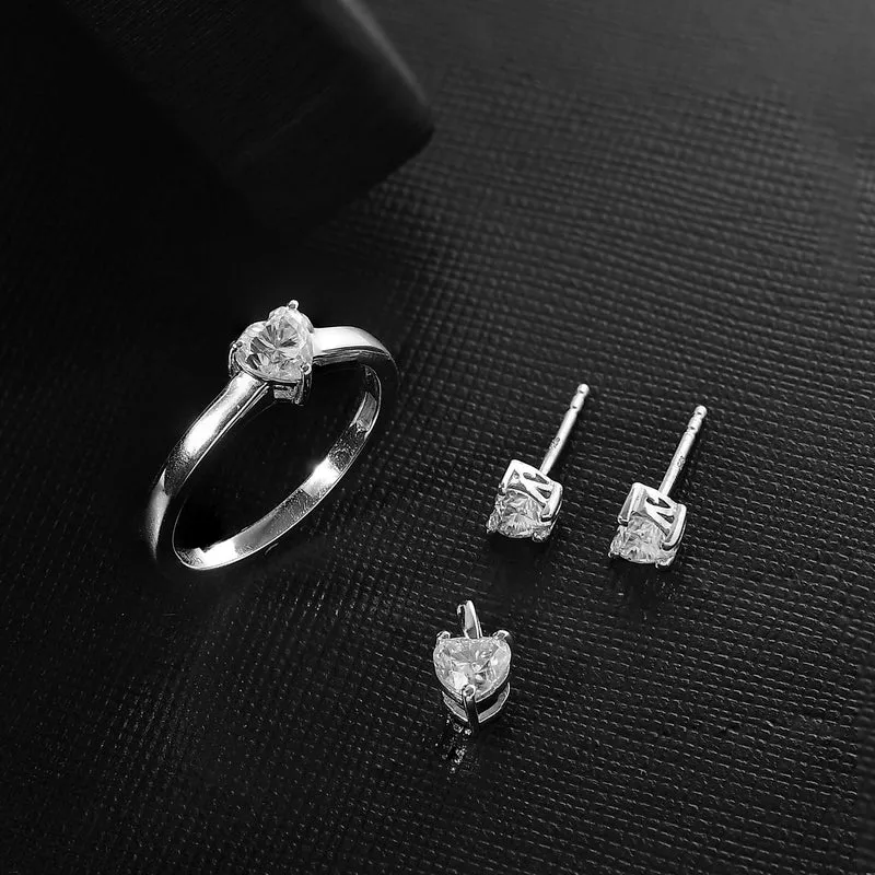 3er Set - D'Joy Moissanit Ohrringe, Ring und Anhänger, 925 Silber rhodiniert (Größe 18) ca. 1.46 ct