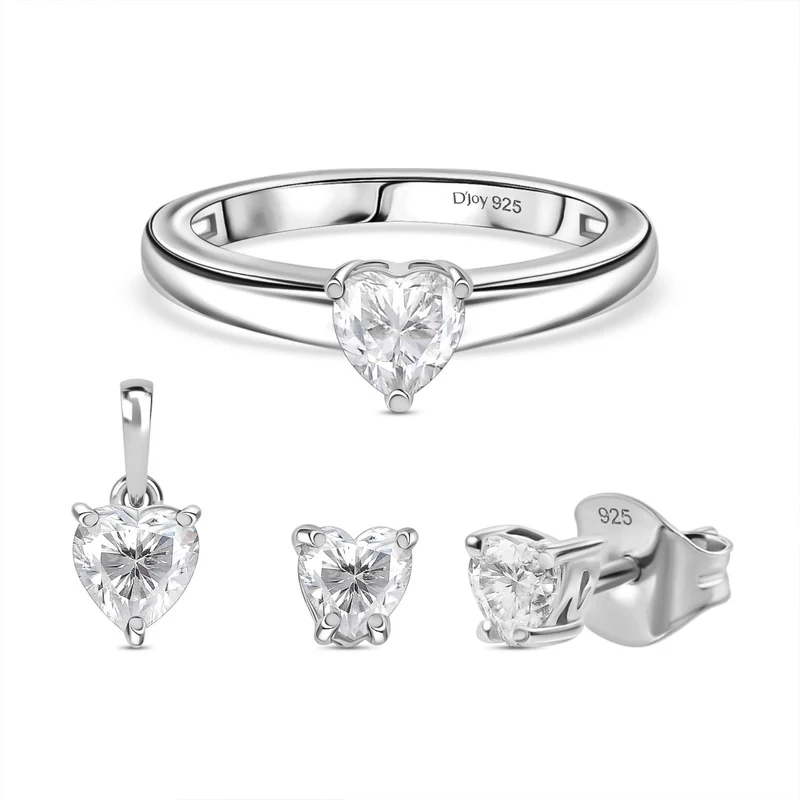 3er Set - D'Joy Moissanit Ohrringe, Ring und Anhänger, 925 Silber rhodiniert (Größe 18) ca. 1.46 ct