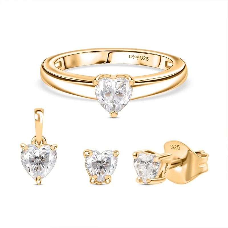 3er Set - D'Joy Moissanit Ohrringe, Ring und Anhänger, 925 Silber rhodiniert (Größe 18) ca. 1.46 ct