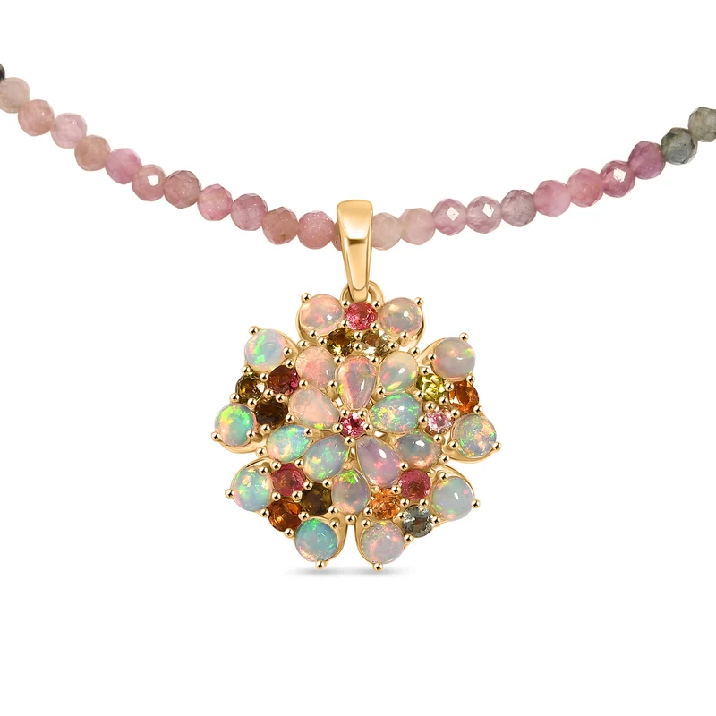 D'Joy Mehrfarbig-Turmalin, Natürlicher, äthiopischer Welo Opal Schmuckset ca. 45 cm 925 Silber 750 Gelbgold Vermeil ca. 31.97 ct