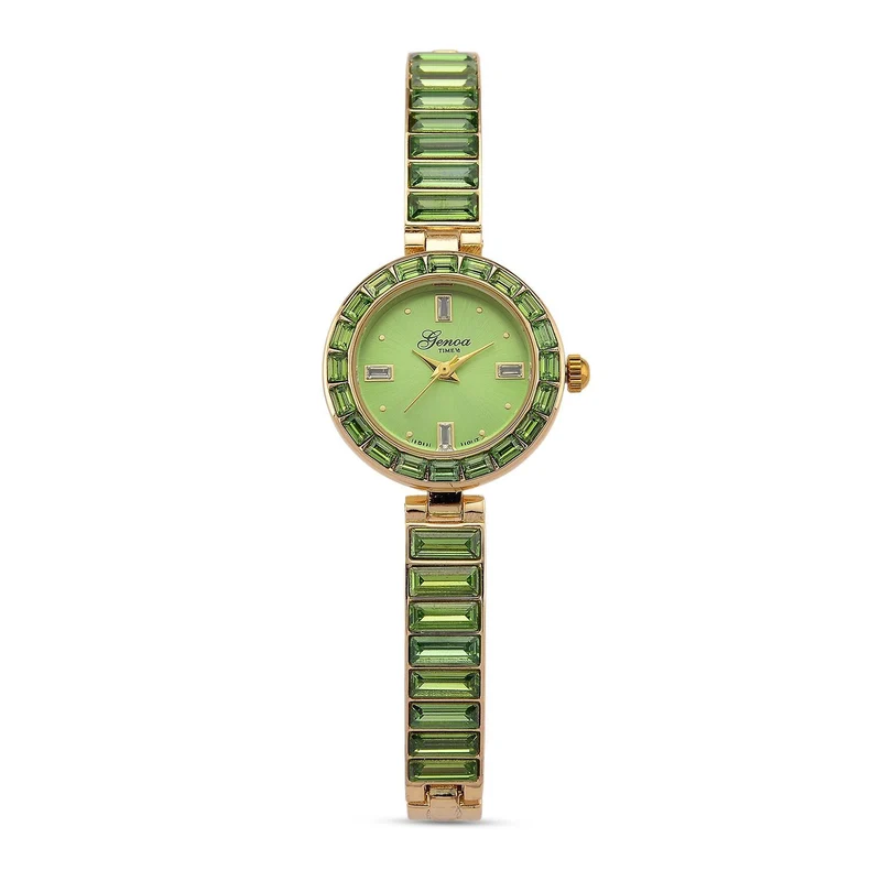 GENOA Time V2, Peridot-farbene Zirkonia, Kristalluhr, japanisches Uhrwerk, 316L Edelstahl, grün